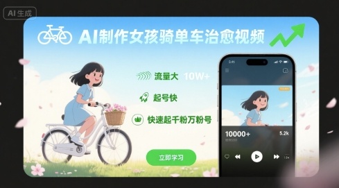 AI制作女孩骑单车治愈视频，流量大，起号快，快速起千粉万粉号-猴哥VIP资源站