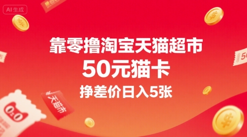 靠零撸淘宝天猫超市50元猫卡，挣差价日入5张-猴哥VIP资源站
