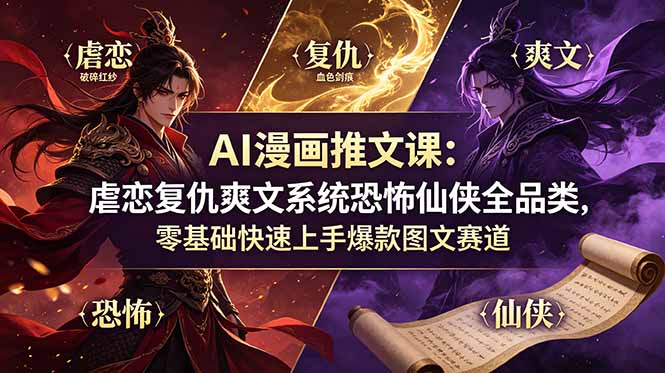 AI漫画推文课:虐恋复仇爽文系统恐怖仙侠全品类,零基础快速上手爆款图文赛道-猴哥VIP资源站