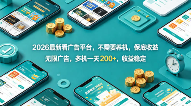 2026最新看广告平台，不需要养机，保底收益，无限广告，多机一天200+，收益稳定【揭秘】-猴哥VIP资源站