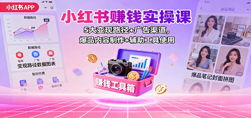 小红书赚钱实操课：5大变现路径+广告渠道，爆品内容制作+辅助工具使用-猴哥VIP资源站