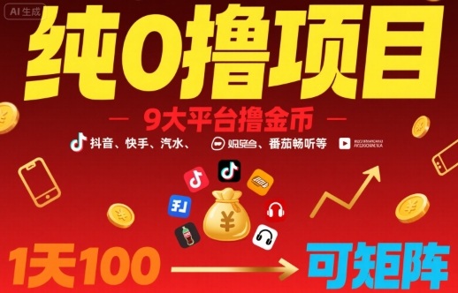 纯0撸项目，9大平台撸金币，抖音，快手，汽水，番茄畅听等，1天100，可矩阵-猴哥VIP资源站