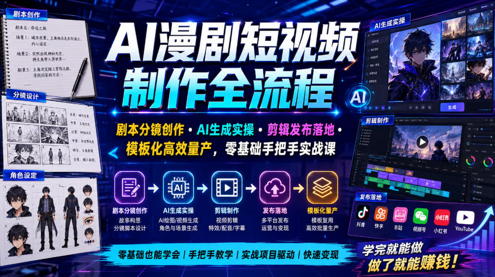AI漫剧短视频制作全流程｜剧本分镜创作・AI生成实操・剪辑发布落地・模板化高效量产，零基础手把手实战课-猴哥VIP资源站