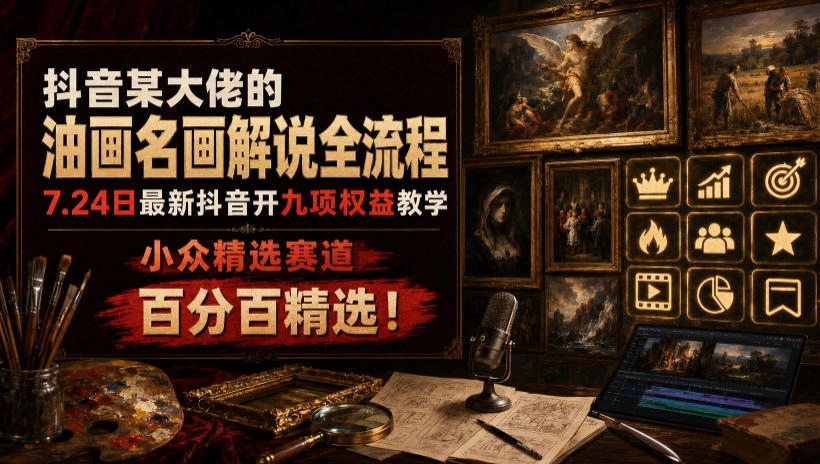 抖音某大佬的油画名画解说全流程,7.24日最新抖音开九项权益教学,小众精选赛道,百分百精选!-猴哥VIP资源站