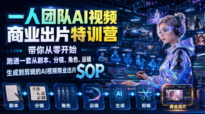 一人团队AI视频商业出片实战课：带你从零开始跑通一套从剧本、分镜、角色、运镜、生成到剪辑的AI视频商业出片SOP-猴哥VIP资源站