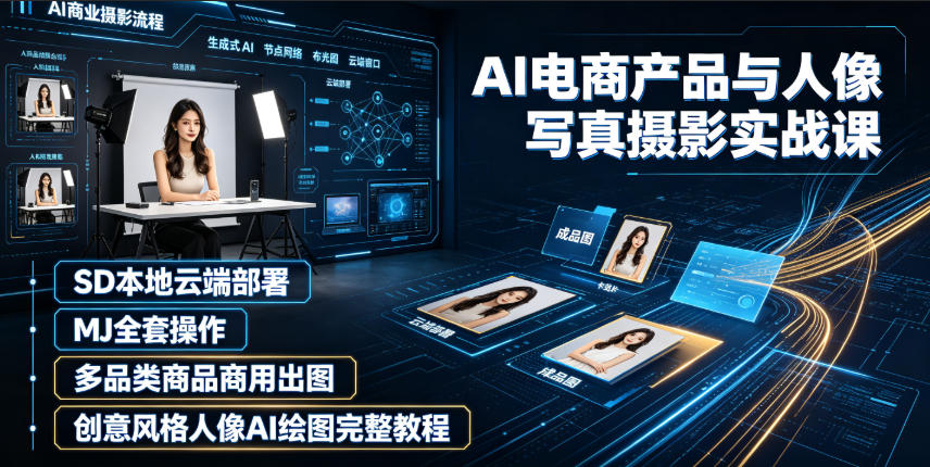 AI电商产品与人像写真摄影实战课|SD本地云端部署、MJ全套操作、多品类商品商用出图、创意风格人像AI绘图完整教程-猴哥VIP资源站