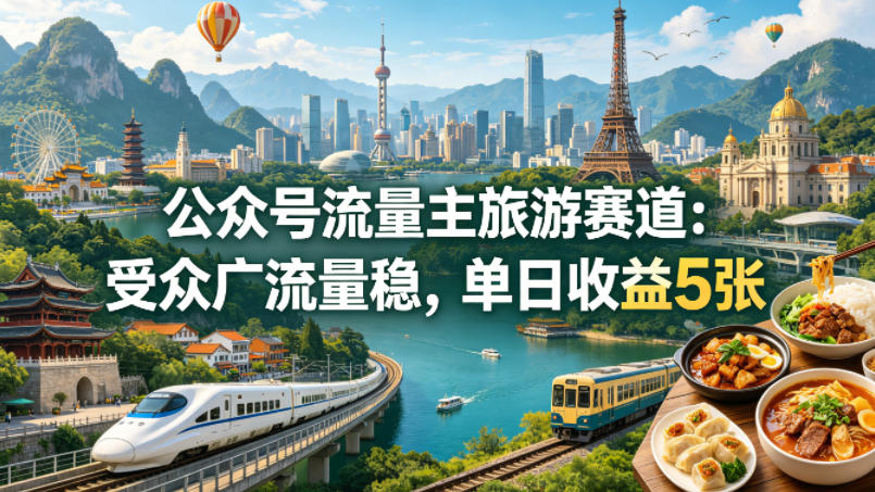 公众号流量主之旅游赛道,受众广+流量稳,平均单日收益5张+