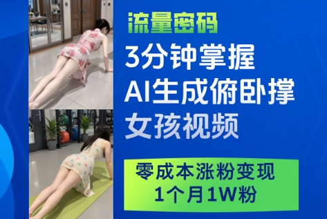 3分钟掌握AI生成俯卧撑女孩视频，零成本涨粉变现，1个月1W粉-猴哥VIP资源站