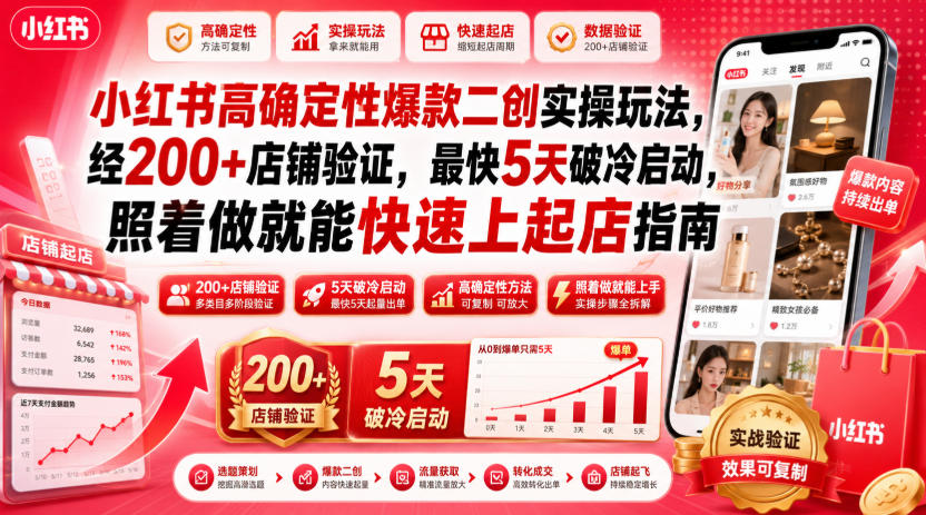 小红书高确定性爆款二创实操玩法,经200+店铺验证,最快5天破冷启动,照着做就能快速上起店指南-猴哥VIP资源站