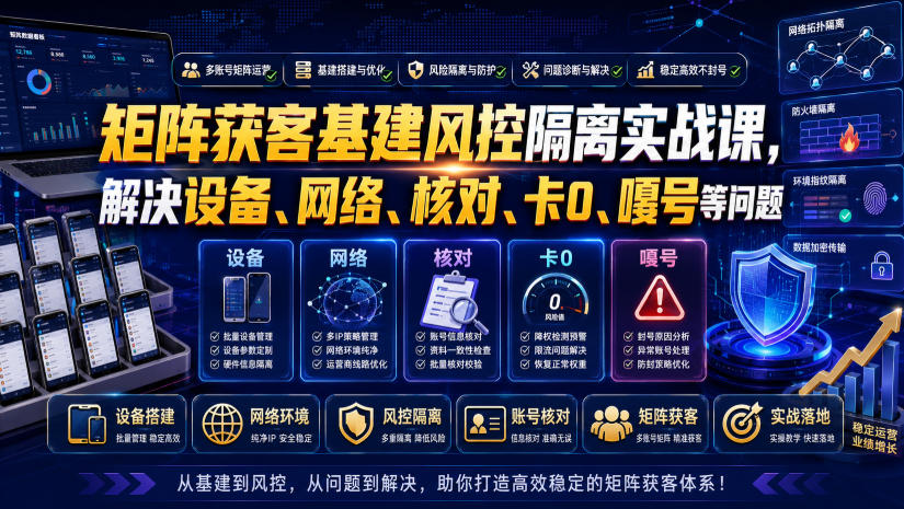 矩阵获客基建风控隔离实战课,解决设备、网络、核对、卡0、嘎号等问题-猴哥VIP资源站