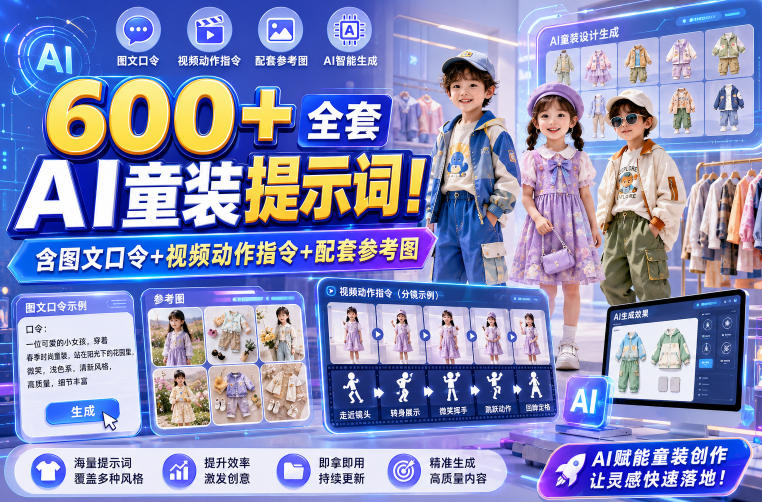 600+全套AI童装提示词！含图文口令+视频动作指令+配套参考图，Word-Excel规整分类，童装电商、种草无脑量产内容！-猴哥VIP资源站