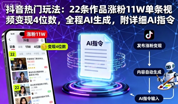 抖音热门玩法:22条作品涨粉11W单条视频变现4位数,全程AI生成,附详细AI指令