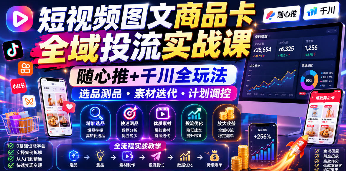短视频图文商品卡全域投流实战课，随心推+千川全玩法，选品测品・素材迭代・计划调控，提升ROI爆单增收教程-猴哥VIP资源站