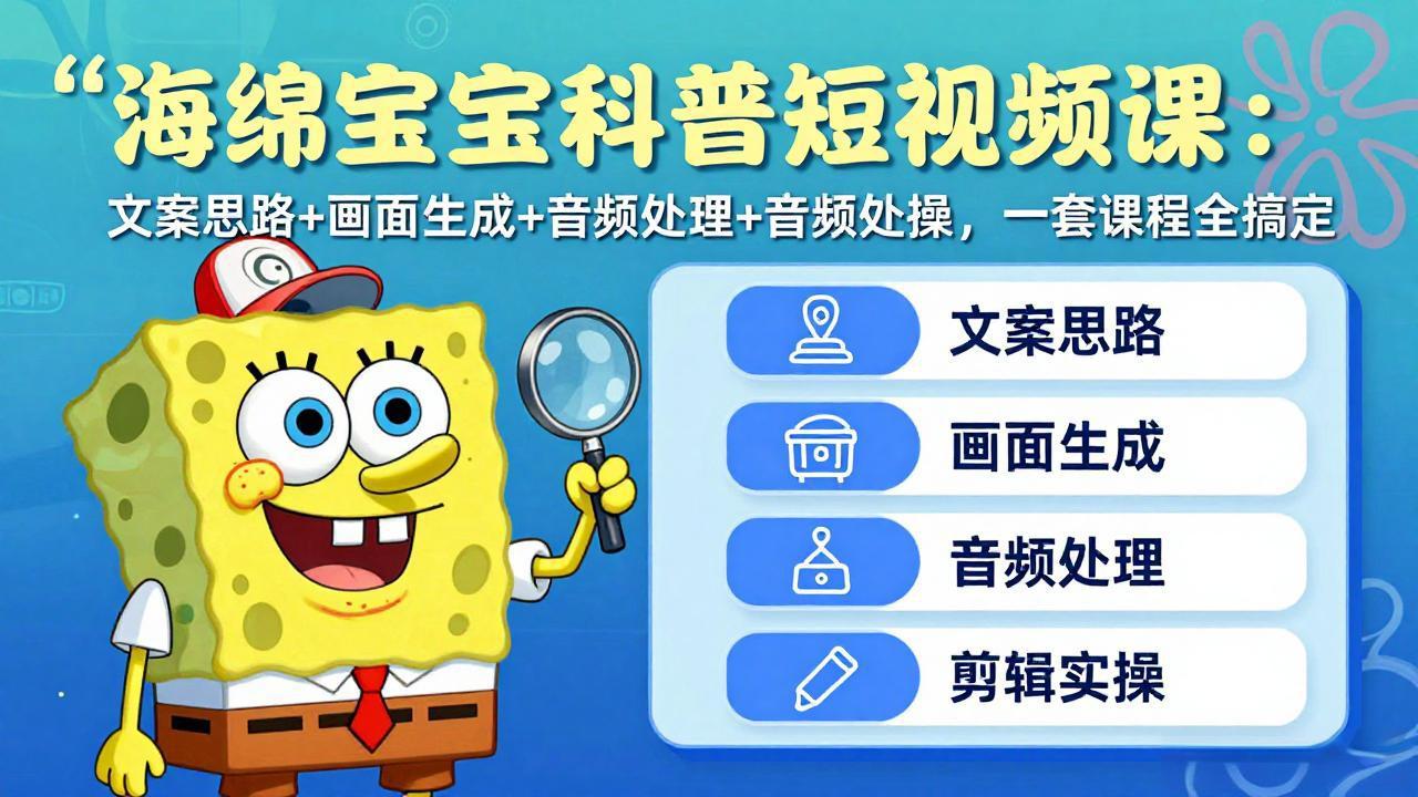 海绵宝宝科普短视频课：文案思路+画面生成+音频处理+剪辑实操，一套课程全搞定-猴哥VIP资源站