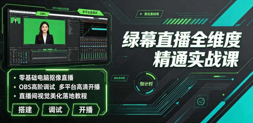 绿幕直播全维度精通实战课|零基础电脑抠像直播、OBS高阶调试、多平台高清开播、直播间视觉美化落地教程-猴哥VIP资源站