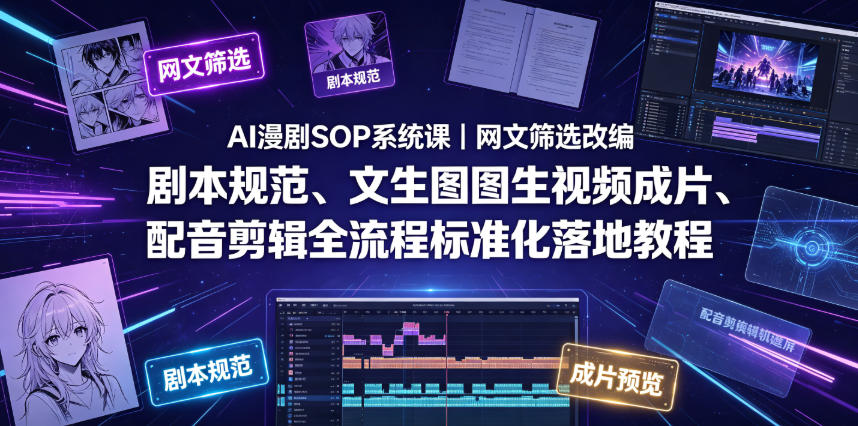 AI漫剧SOP系统课|网文筛选改编、剧本规范、文生图图生视频成片、配音剪辑全流程标准化落地教程-猴哥VIP资源站