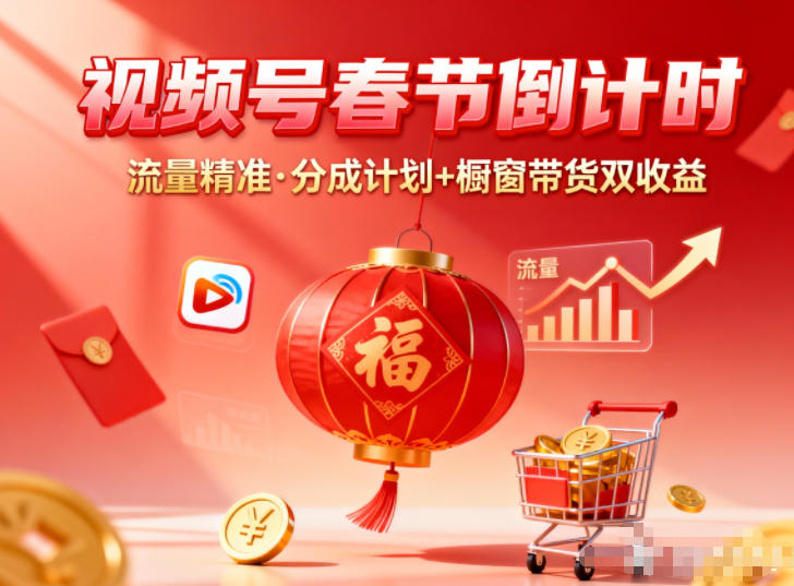 视频号做春节倒计时，流量精准，分成计划+橱窗带货双收益-猴哥VIP资源站