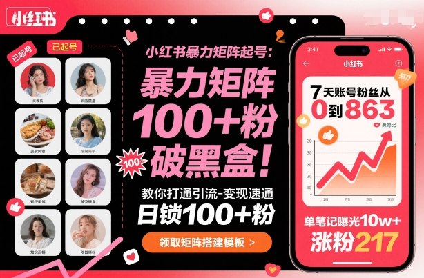 小红书暴力矩阵起号,教你打通引流-变现速通,日锁100+粉,破流量黑盒-猴哥VIP资源站
