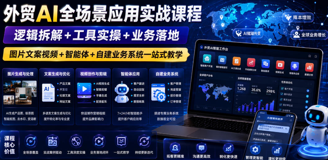 外贸AI全场景应用实战课程|逻辑拆解+工具实操+业务落地,图片文案视频+智能体+自建业务系统一站式教学-猴哥VIP资源站