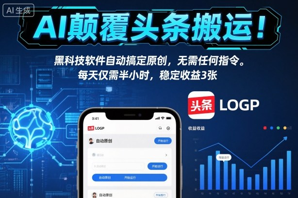 AI颠覆头条搬运！黑科技软件自动搞定原创，无需任何指令。每天仅需半小时，稳定收益3张【揭秘】-猴哥VIP资源站
