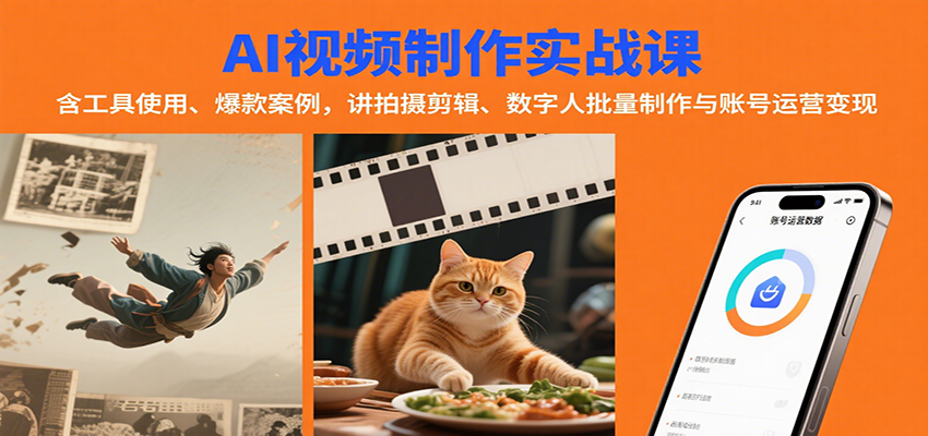 AI视频制作实战：含工具使用、爆款案例，讲拍摄剪辑、数字人批量制作与账号运营变现-猴哥VIP资源站
