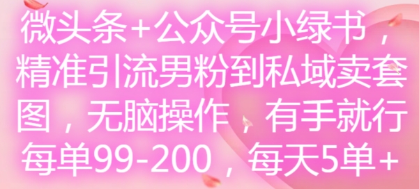 微头条+公众号小绿书,精准引流男粉到私域卖套图,无脑操作,有手就行,每单99-200,每天5单-猴哥VIP资源站