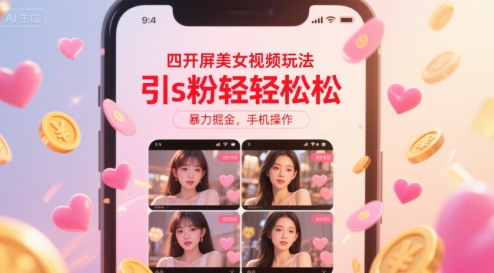 四开屏美女视频玩法，引s粉轻轻松松，暴力掘金，手机操作【揭秘】-猴哥VIP资源站