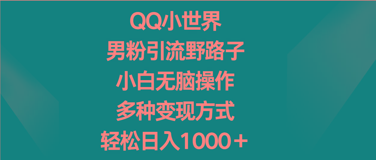 QQ小世界男粉引流野路子，小白无脑操作，多种变现方式轻松日入1000＋-猴哥VIP资源站