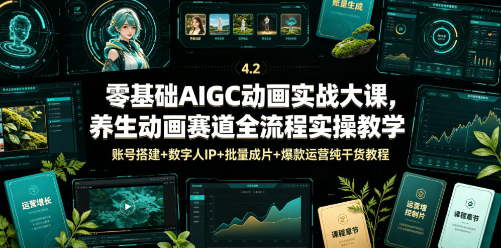 零基础AIGC动画实战大课,养生动画赛道全流程实操教学,账号搭建+数字人IP+批量成片+爆款运营纯干货教程-猴哥VIP资源站
