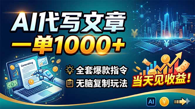 AI代写文章，一单1000+，全套爆款指令+无脑复制玩法，当天见收益！-猴哥VIP资源站