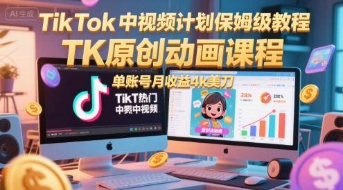 TikTok中视频计划保姆级教程，TK原创动画课程，单账号月收益4k美刀-猴哥VIP资源站