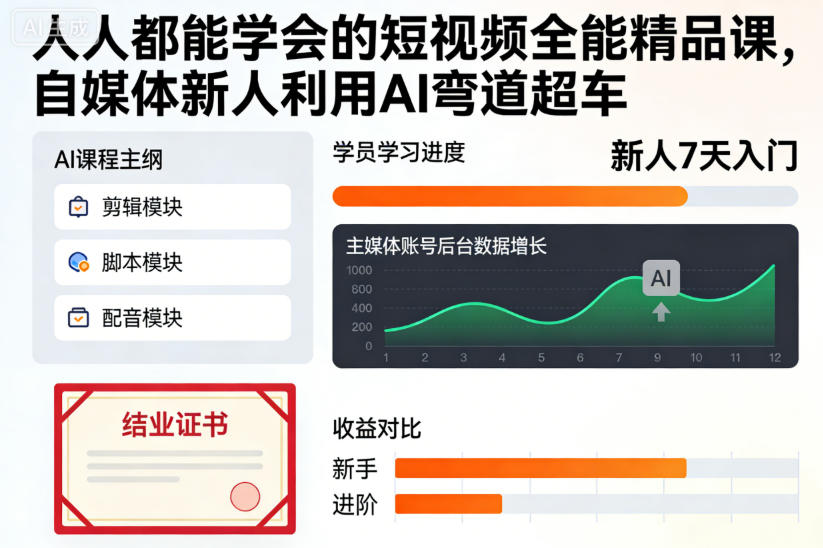 人人都能学会的短视频全能精品课,自媒体新人利用AI弯道超车-猴哥VIP资源站
