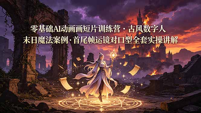 零基础AI动画短片训练营,古风数字人末日魔法案例,首尾帧运镜对口型全套实操讲解-猴哥VIP资源站