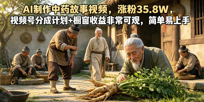 AI制作中药故事视频，涨粉35.8W，视频号分成计划+橱窗收益非常可观，简单易上手-猴哥VIP资源站