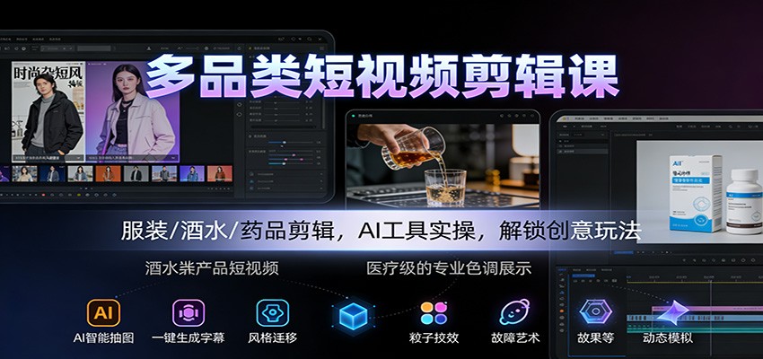 多品类短视频剪辑课：服装/酒水/药品剪辑，AI工具实操，解锁创意玩法-猴哥VIP资源站