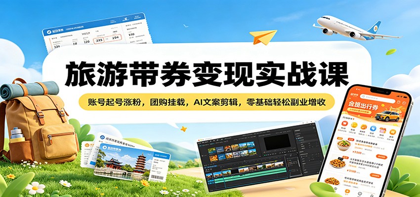 旅游带券变现实战课:账号起号涨粉,团购挂载,AI文案剪辑,零基础轻松副业增收-猴哥VIP资源站