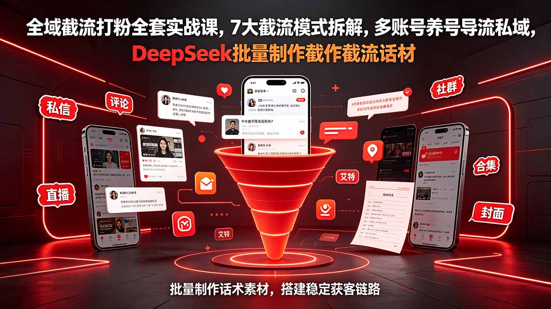 全域截流打粉全套实战课,7大截流模式拆解,多账号养号导流私域,DeepSeek批量制作截流话术素材-猴哥VIP资源站