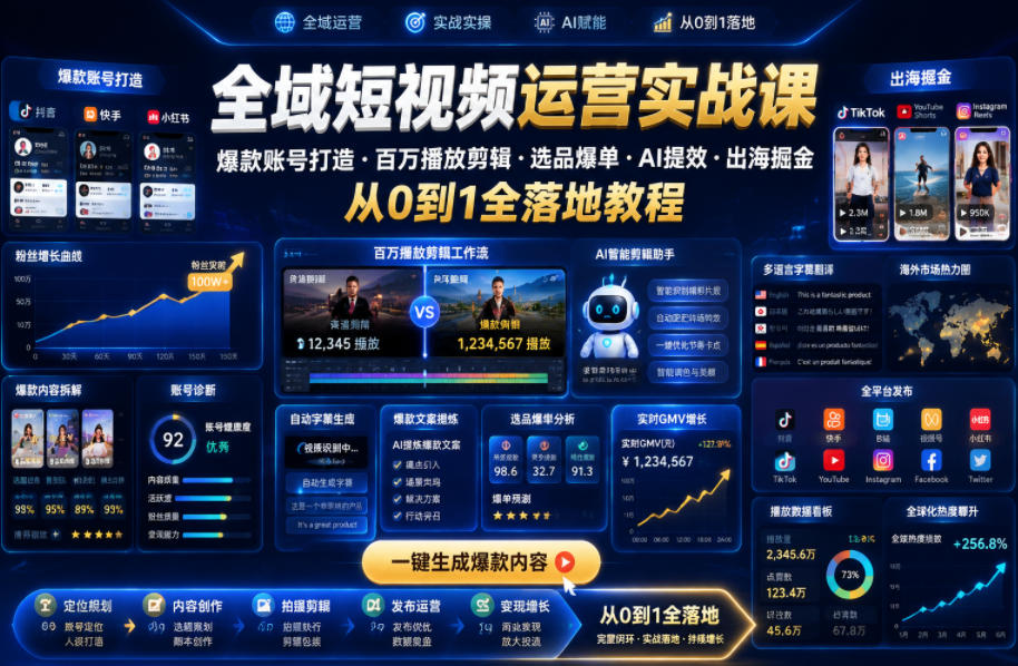 全域短视频运营实战课,爆款账号打造・百万播放剪辑・选品爆单・AI提效・出海掘金,从0到1全落地教程-猴哥VIP资源站