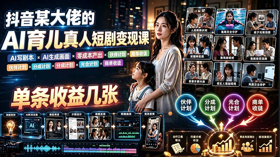 AI育儿真人短剧变现：AI写剧本×AI生成画面×零成本产出×伙伴计划×商单收徒-猴哥资源站