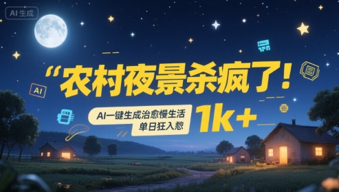 农村夜景杀疯了!AI一键生成治愈系慢生活,单日狂入1k+-猴哥VIP资源站