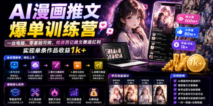 AI漫画推文爆单训练营,一台电脑,零基础可做,吃透百亿推文赛道红利,实现单条作品收益1k+-猴哥VIP资源站