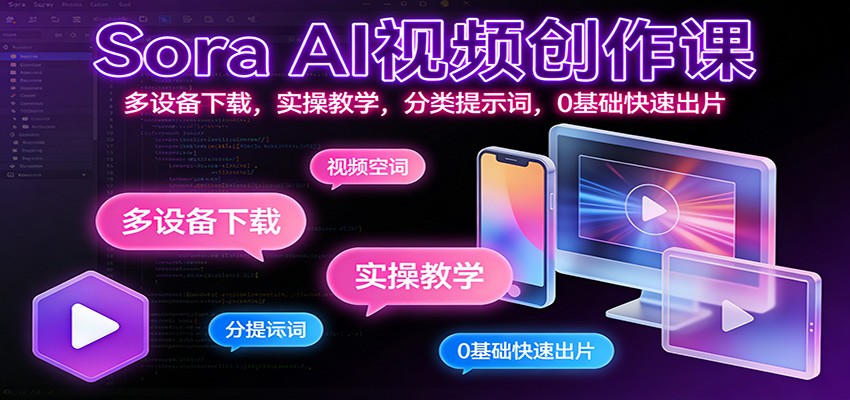 Sora AI视频创作课：多设备下载，实操教学，分类提示词，0基础快速出片-猴哥VIP资源站