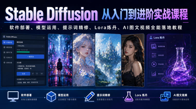Stable Diffusion从入门到进阶实战课程|软件部署、模型运用、提示词精修、Lora炼丹、AI图文视频全能落地教程-猴哥VIP资源站