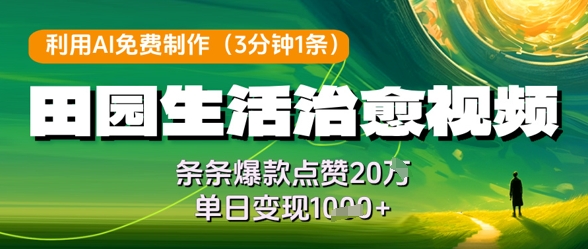利用AI免费制作田园生活治愈视频，条条爆款点赞20W，单日变现几张-猴哥VIP资源站