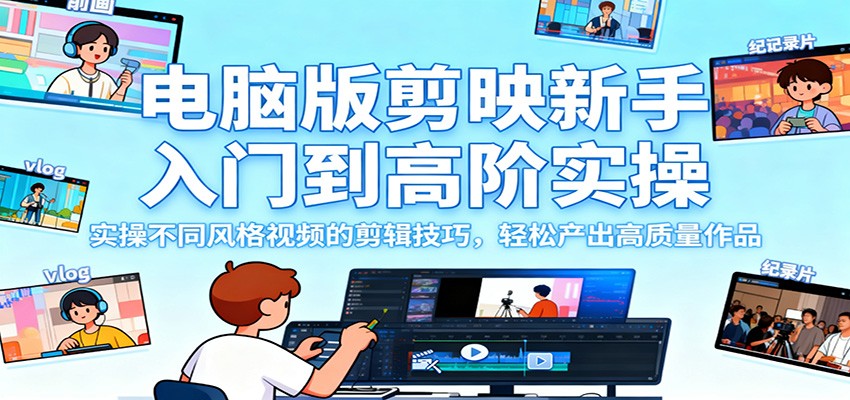 电脑版剪映新手入门到高阶实操，实操不同风格视频的剪辑技巧，轻松产出高质量作品-猴哥VIP资源站