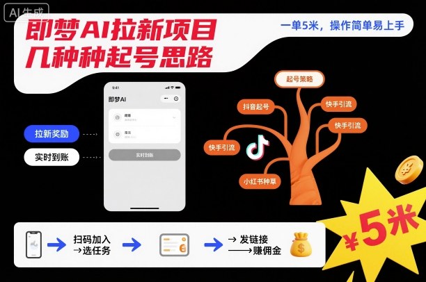 即梦AI拉新项目几种起号思路，一单5米，操作简单易上手-猴哥VIP资源站