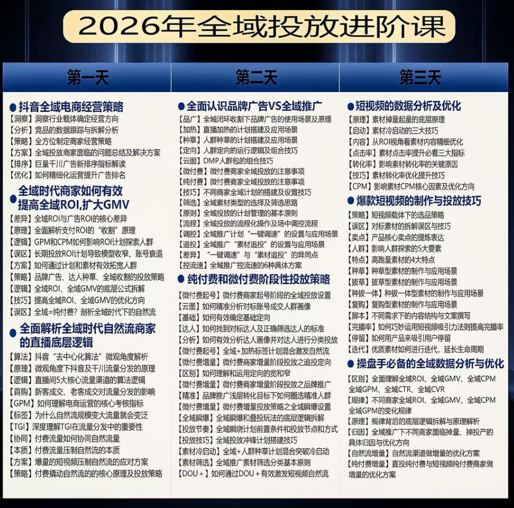 千川扫地僧2026抖音全域投放进阶课,少走弯路·快速起量·掌控增长,6月12-14号杭州线下课-猴哥VIP资源站