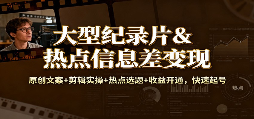 大型纪录片&热点信息差变现：原创文案+剪辑实操+热点选题+收益开通，快速起号-猴哥VIP资源站