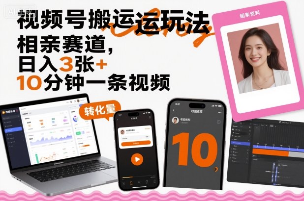 视频号搬运玩法,相亲赛道,日入3张+,10分钟一条视频