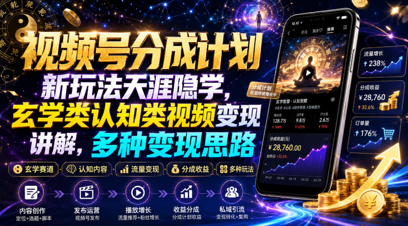 视频号分成计划新玩法天涯隐学，玄学类认知类视频变现讲解，多种变现思路-猴哥VIP资源站